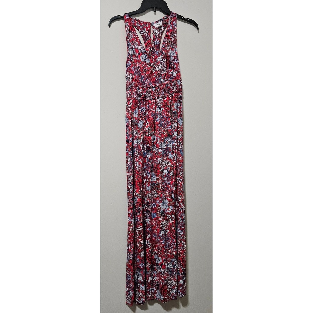 Japna Red Floral Maxi Dress Womens Medium Racerback Smocked Rayon Summer Boho